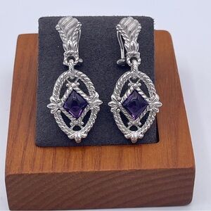 Judith Ripka Sterling Silver 925 Amethyst Drop Earrings Rope Detail Omega Back